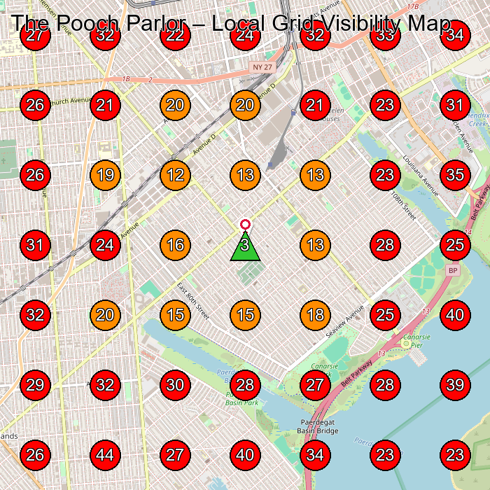 The Pooch Parlor GeoGrid visibility map for Pet Groomer in None